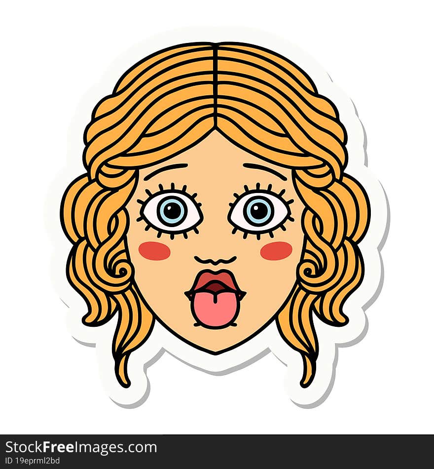 tattoo style sticker of female face sticking out tongue