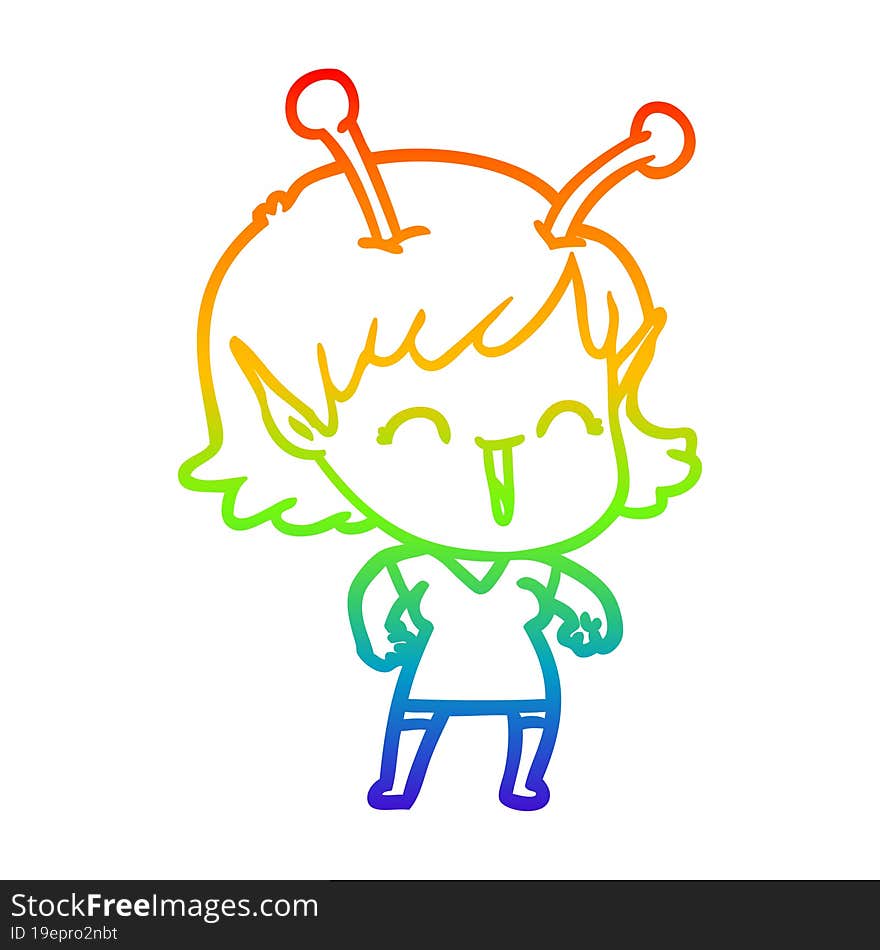 Rainbow Gradient Line Drawing Cartoon Alien Girl Laughing