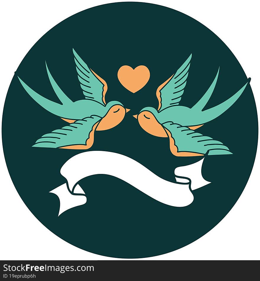 tattoo style icon with banner of swallows and a heart. tattoo style icon with banner of swallows and a heart