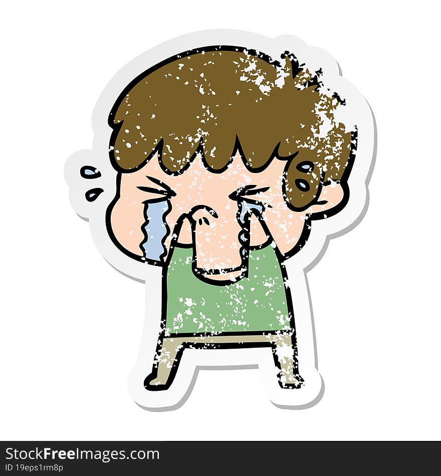 Distressed Sticker Of A Cartoon Boy Crying