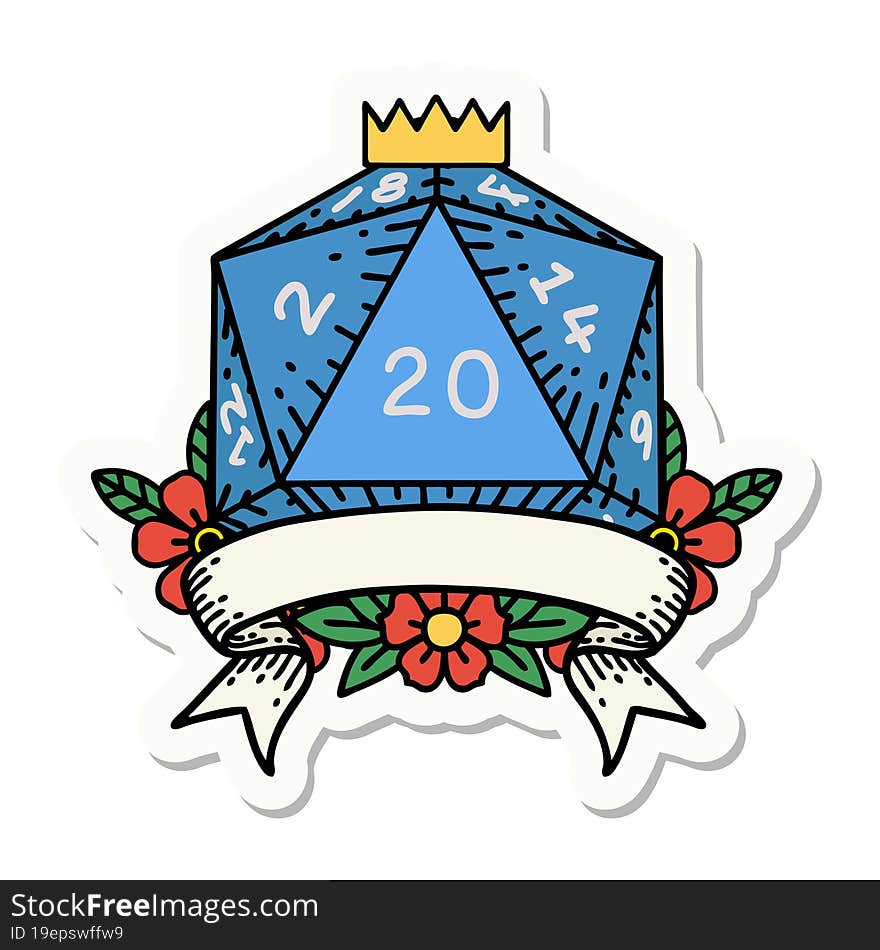 sticker of a natural 20 critical hit D20 dice roll. sticker of a natural 20 critical hit D20 dice roll