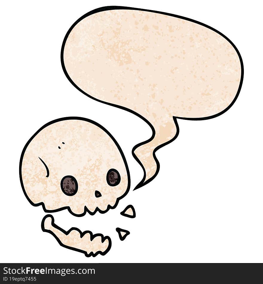 cartoon spooky skull and speech bubble in retro texture style