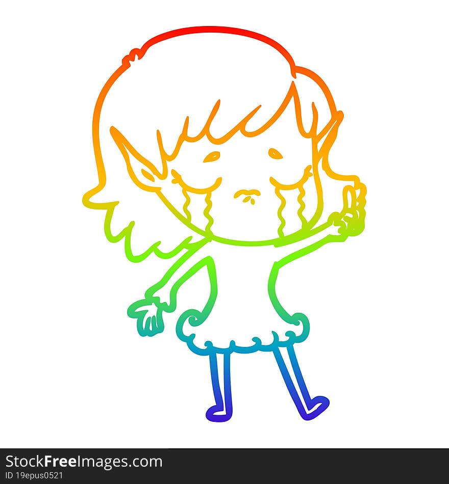 Rainbow Gradient Line Drawing Cartoon Crying Elf Girl