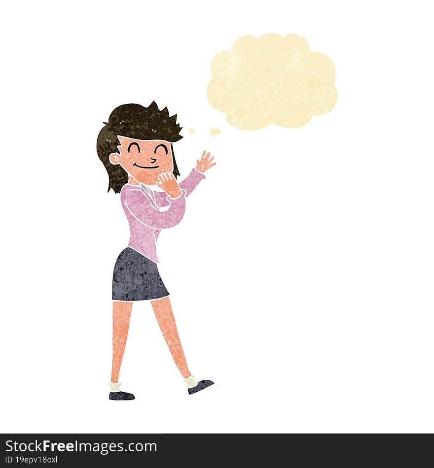 cartoon happy businesswoman with thought bubble