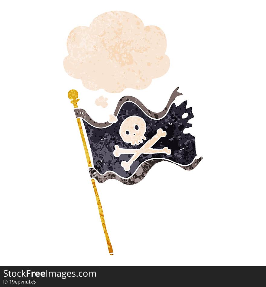 Cartoon Pirate Flag And Thought Bubble In Retro Textured Style