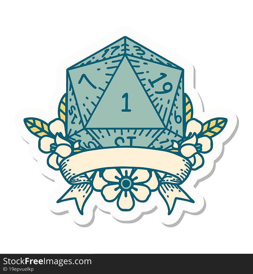 sticker of a natural one d20 dice roll. sticker of a natural one d20 dice roll