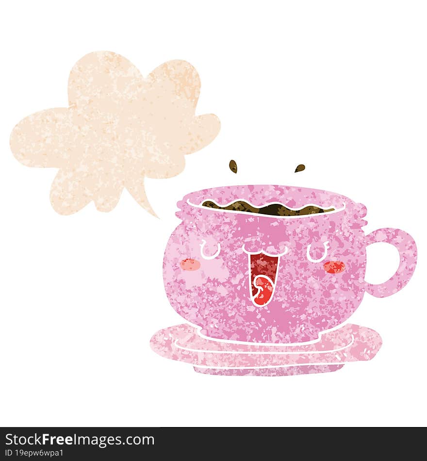 cute cartoon cup and saucer and speech bubble in retro textured style