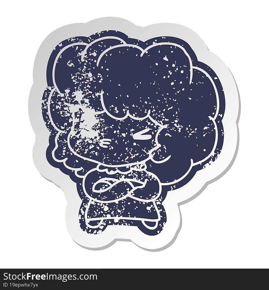 distressed old cartoon sticker of a cute cross kawaii girl