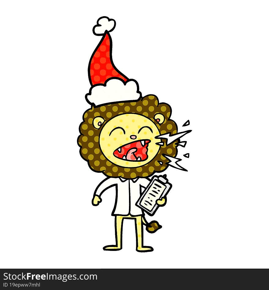 comic book style illustration of a roaring lion doctor wearing santa hat