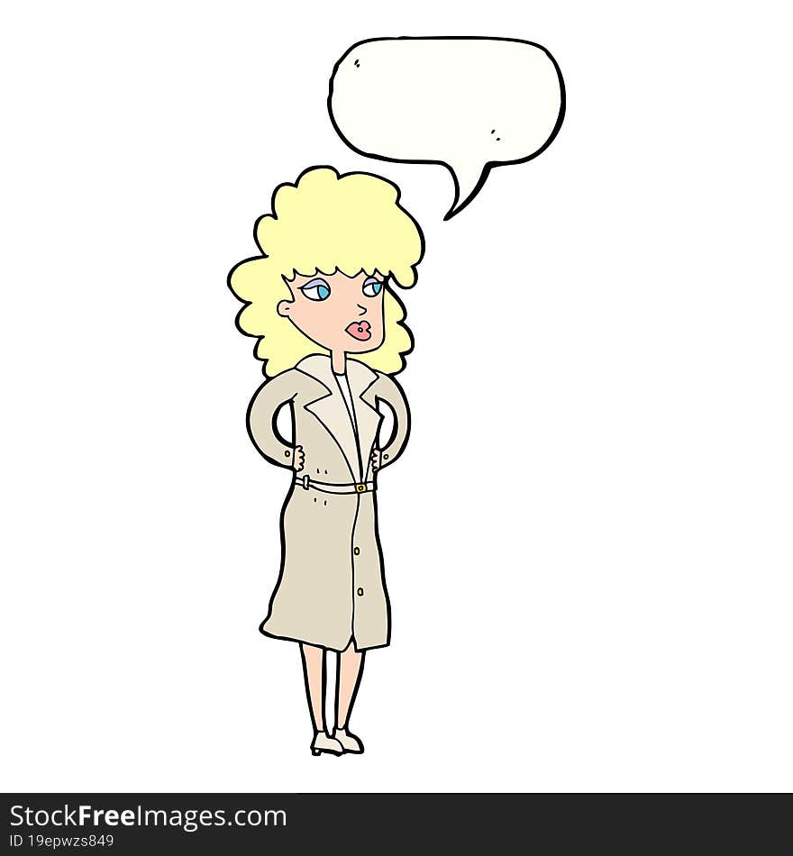 Cartoon Woman In Trench Coat With Speech Bubble