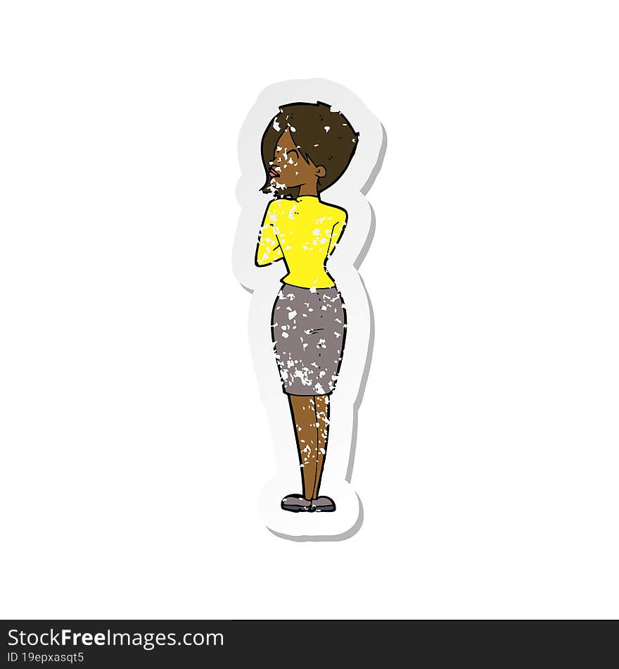 Retro Distressed Sticker Of A Cartoon Businesswoman Ignoring