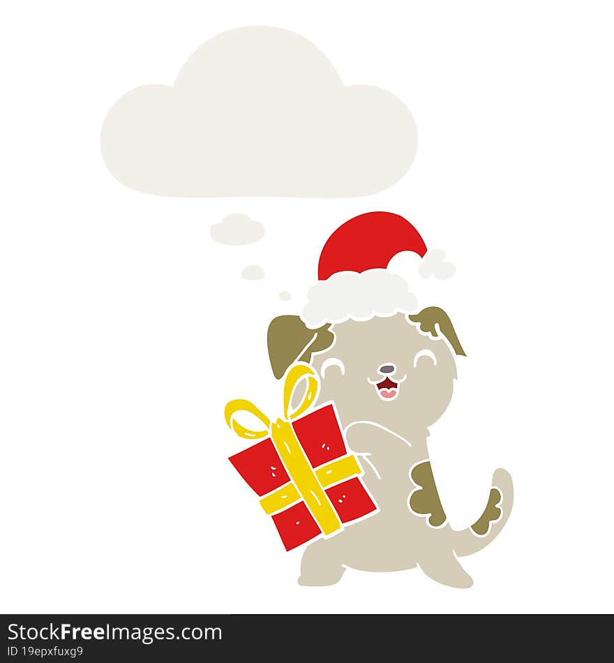 cute cartoon puppy with christmas present and hat and thought bubble in retro style