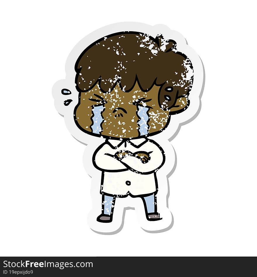 Distressed Sticker Of A Crying Boy Cartoon