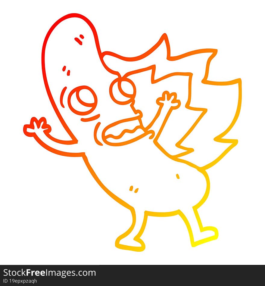 warm gradient line drawing cartoon flaming hotdog