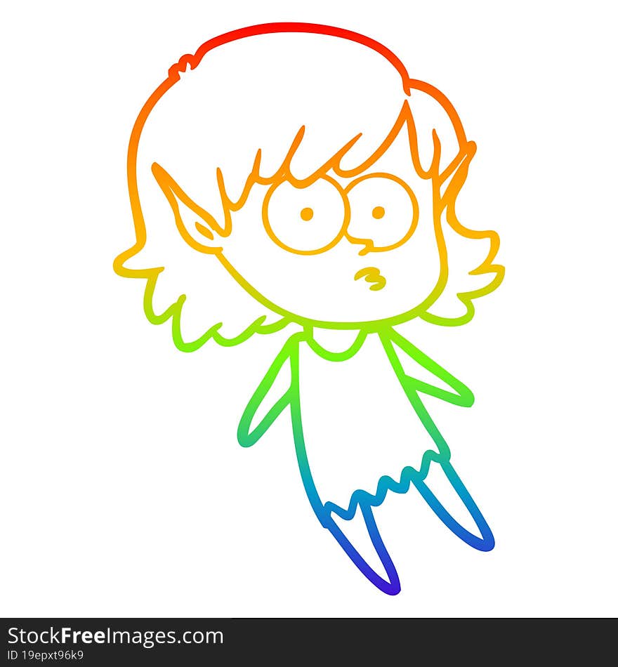 Rainbow Gradient Line Drawing Cartoon Elf Girl Floating