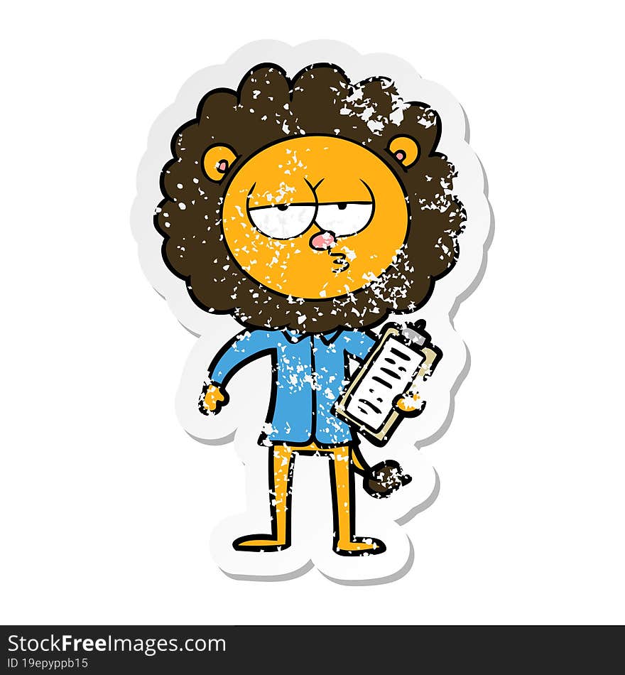 distressed sticker of a cartoon bored lion manager