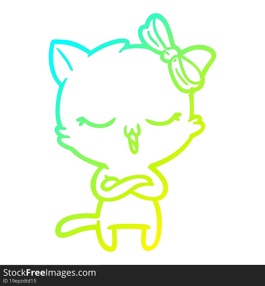 cold gradient line drawing cartoon cat with bow on head