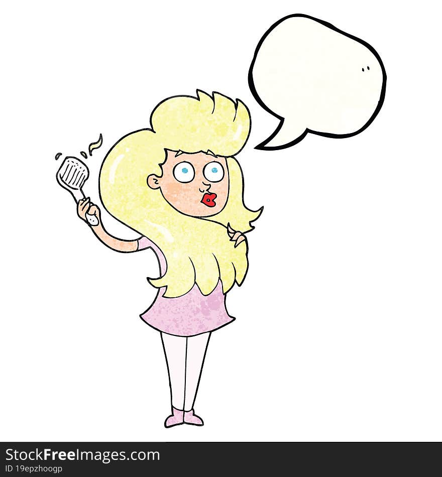 speech bubble textured cartoon woman brushing hair