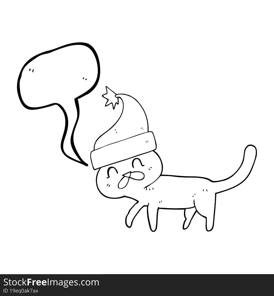 freehand drawn speech bubble cartoon cat wearing christmas hat