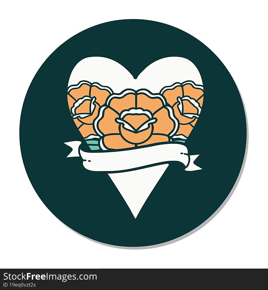 sticker of tattoo in traditional style of a heart and banner with flowers. sticker of tattoo in traditional style of a heart and banner with flowers