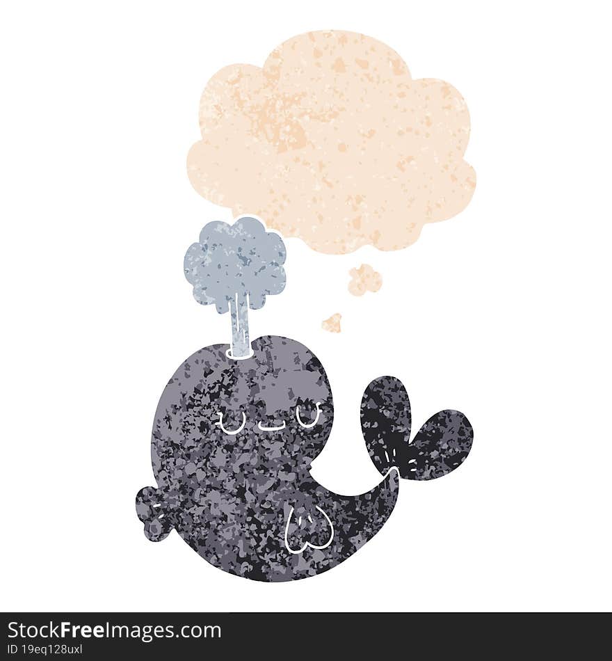 Cute Cartoon Whale And Thought Bubble In Retro Textured Style