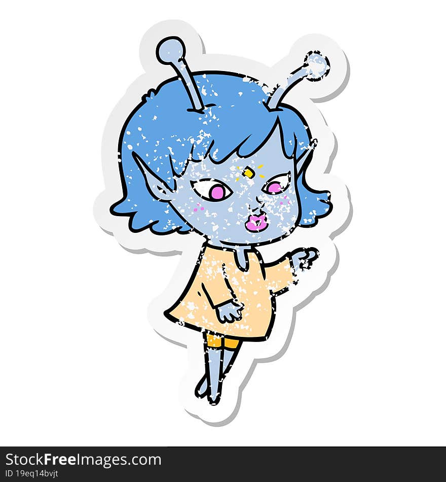 distressed sticker of a pretty cartoon alien girl