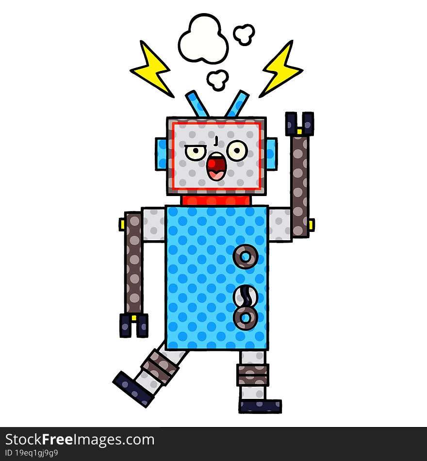 comic book style cartoon of a broken robot