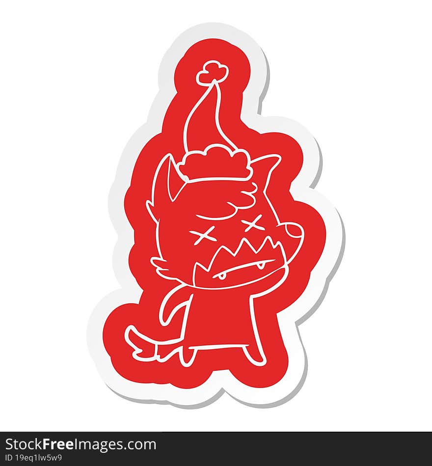 cartoon  sticker of a dead fox wearing santa hat