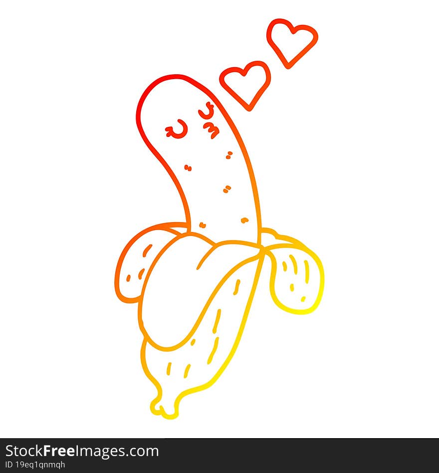 warm gradient line drawing of a cartoon banana in love