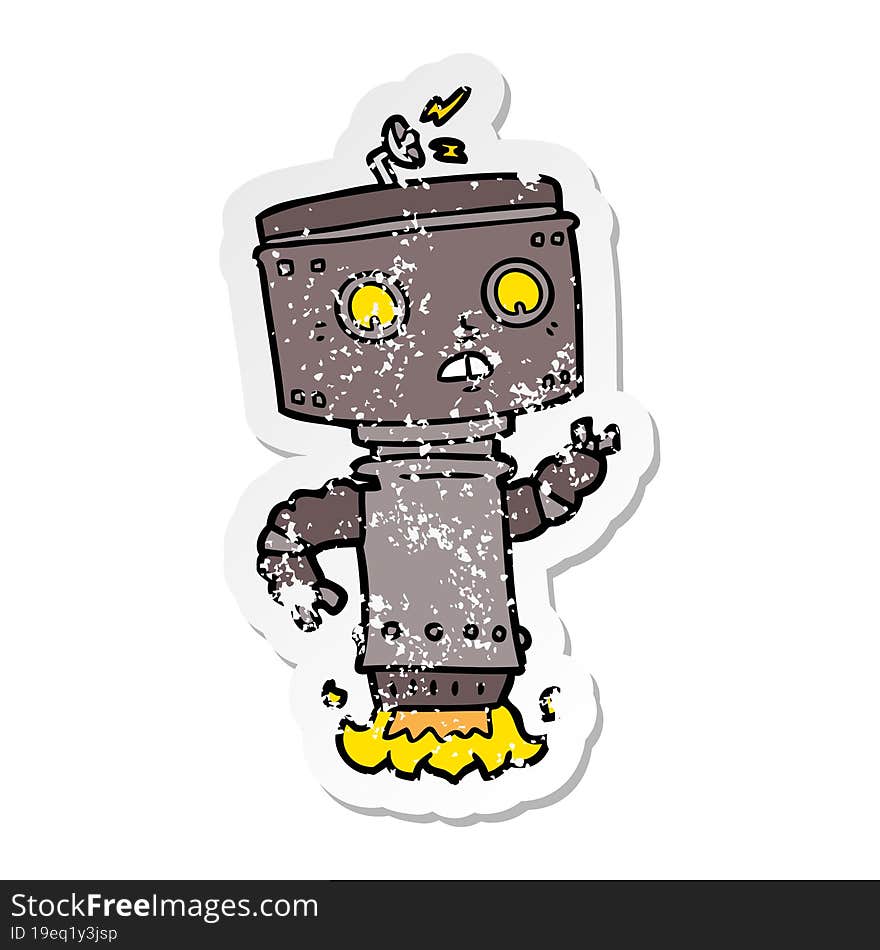 distressed sticker of a cartoon robot hovering