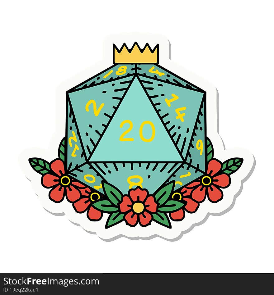 sticker of a natural 20 D20 dice roll with floral elements. sticker of a natural 20 D20 dice roll with floral elements