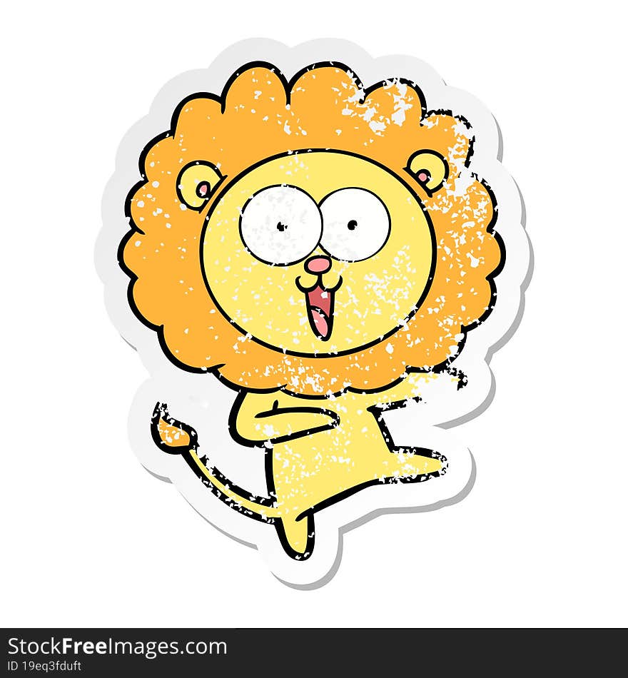 distressed sticker of a happy cartoon lion