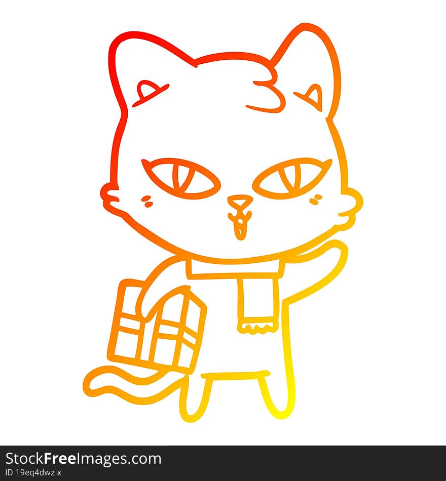 warm gradient line drawing of a cartoon cat with a present