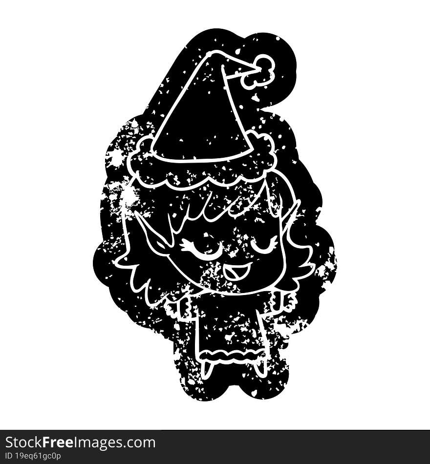 happy cartoon distressed icon of a elf girl wearing santa hat