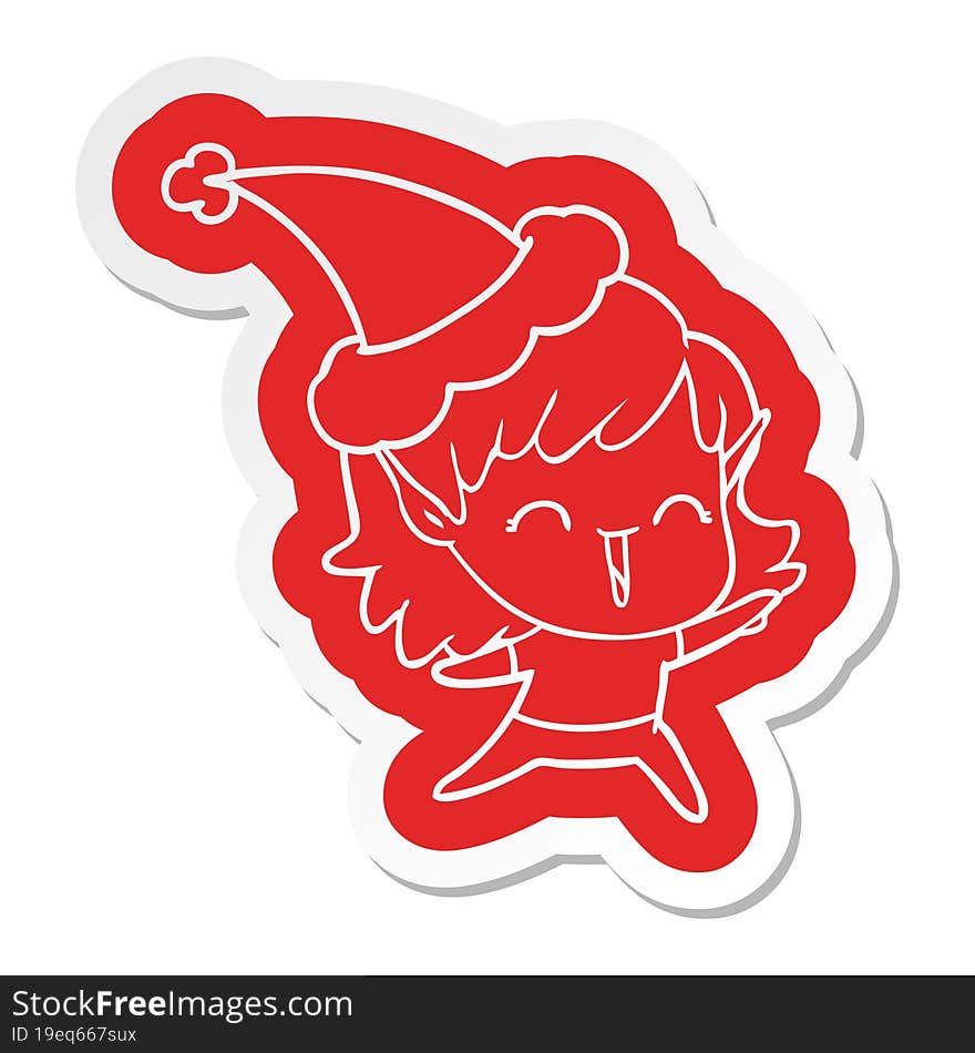 cartoon  sticker of a elf girl wearing santa hat