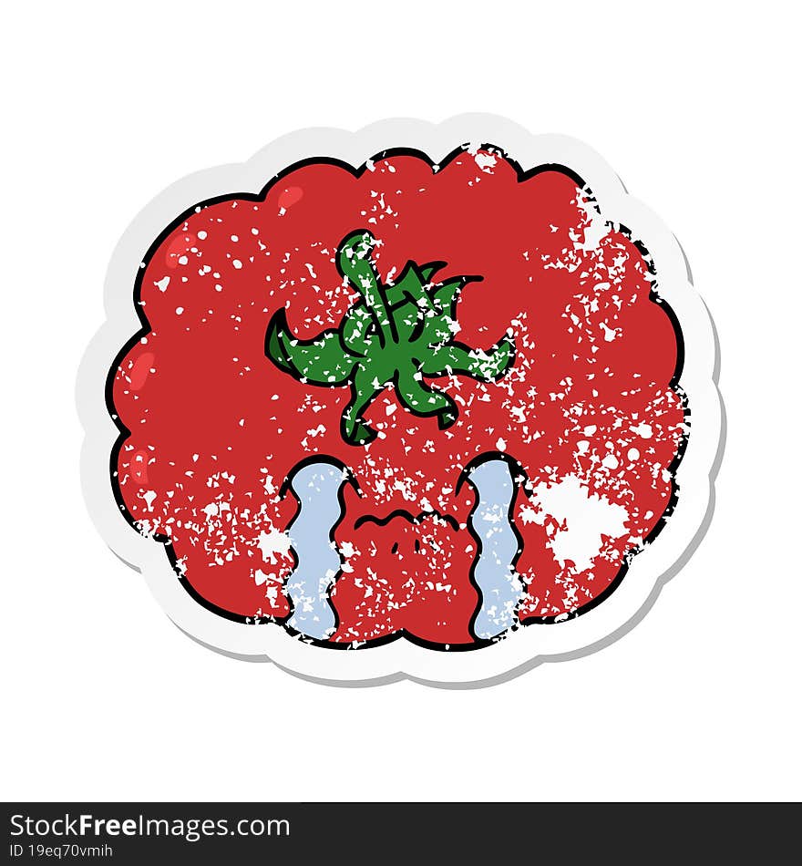 distressed sticker of a cartoon crying tomato