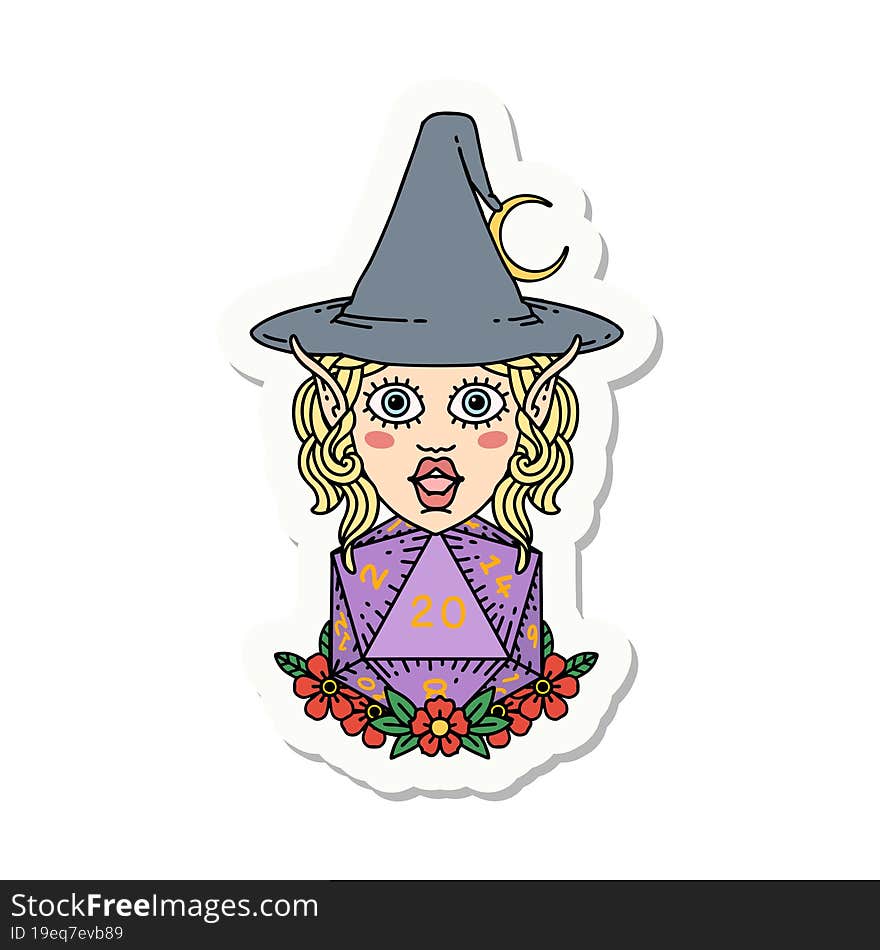 Elf Mage Character With Natural Twenty Dice Roll Sticker