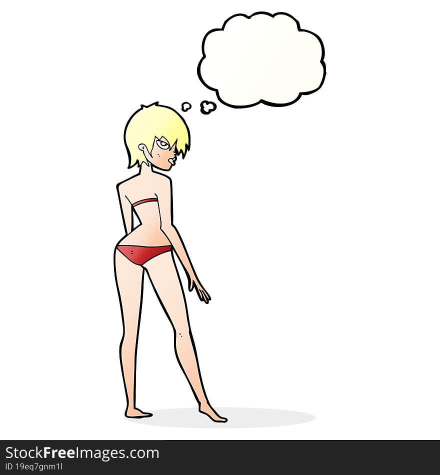 cartoon woman in bikini with thought bubble