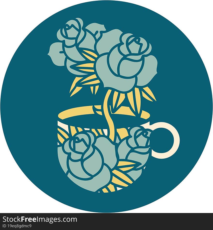 tattoo style icon of a cup and flowers