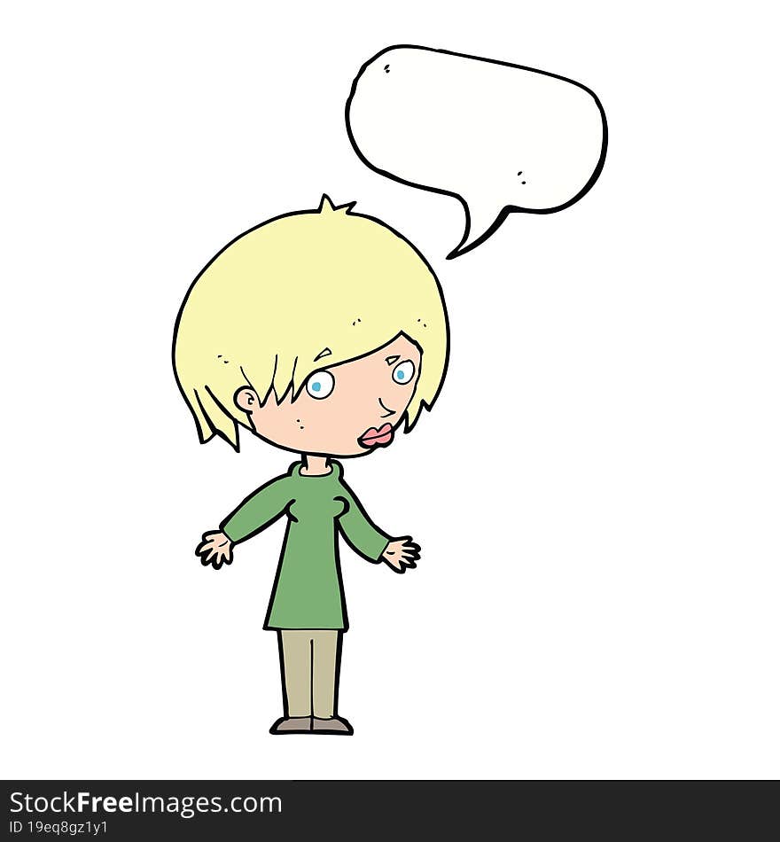 cartoon woman shrugging shoulders with speech bubble