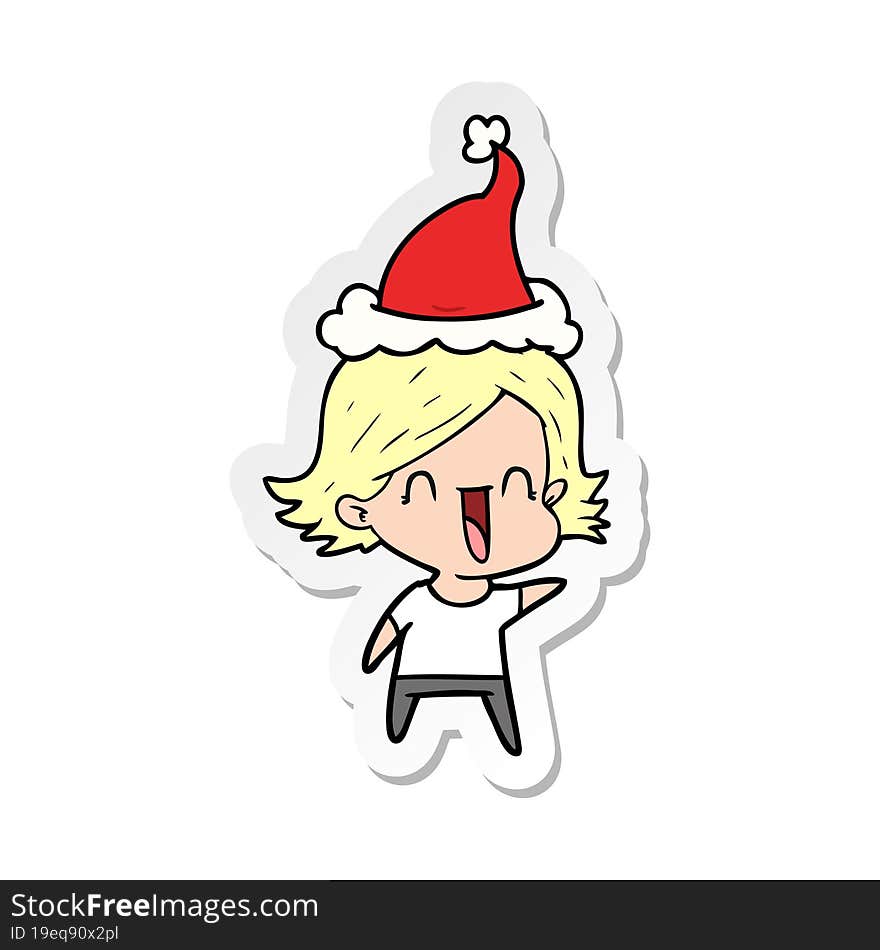 sticker cartoon of a happy woman wearing santa hat