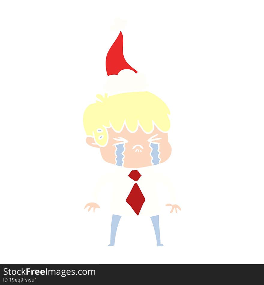 flat color illustration of a boy crying wearing santa hat