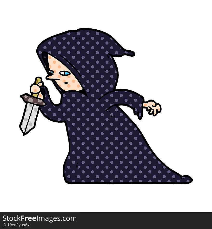 cartoon assassin in dark robe. cartoon assassin in dark robe