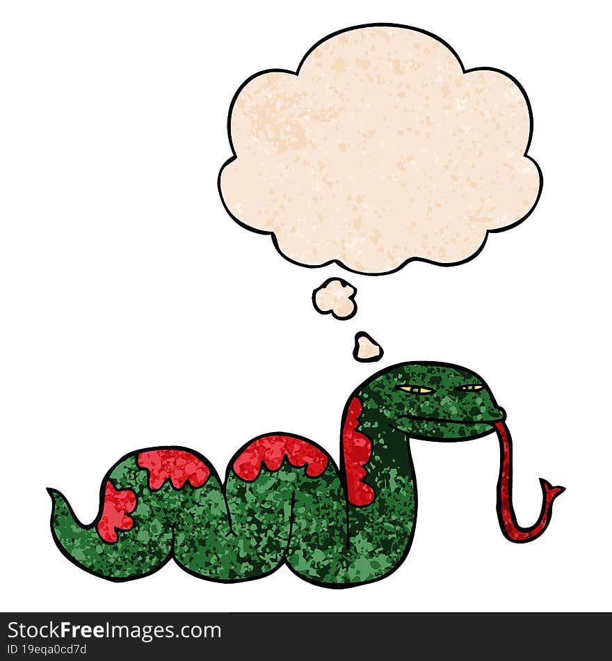 cartoon slithering snake and thought bubble in grunge texture pattern style