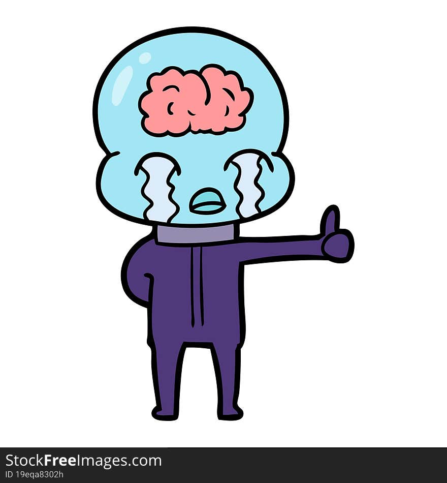 cartoon big brain alien crying but giving thumbs up symbol. cartoon big brain alien crying but giving thumbs up symbol