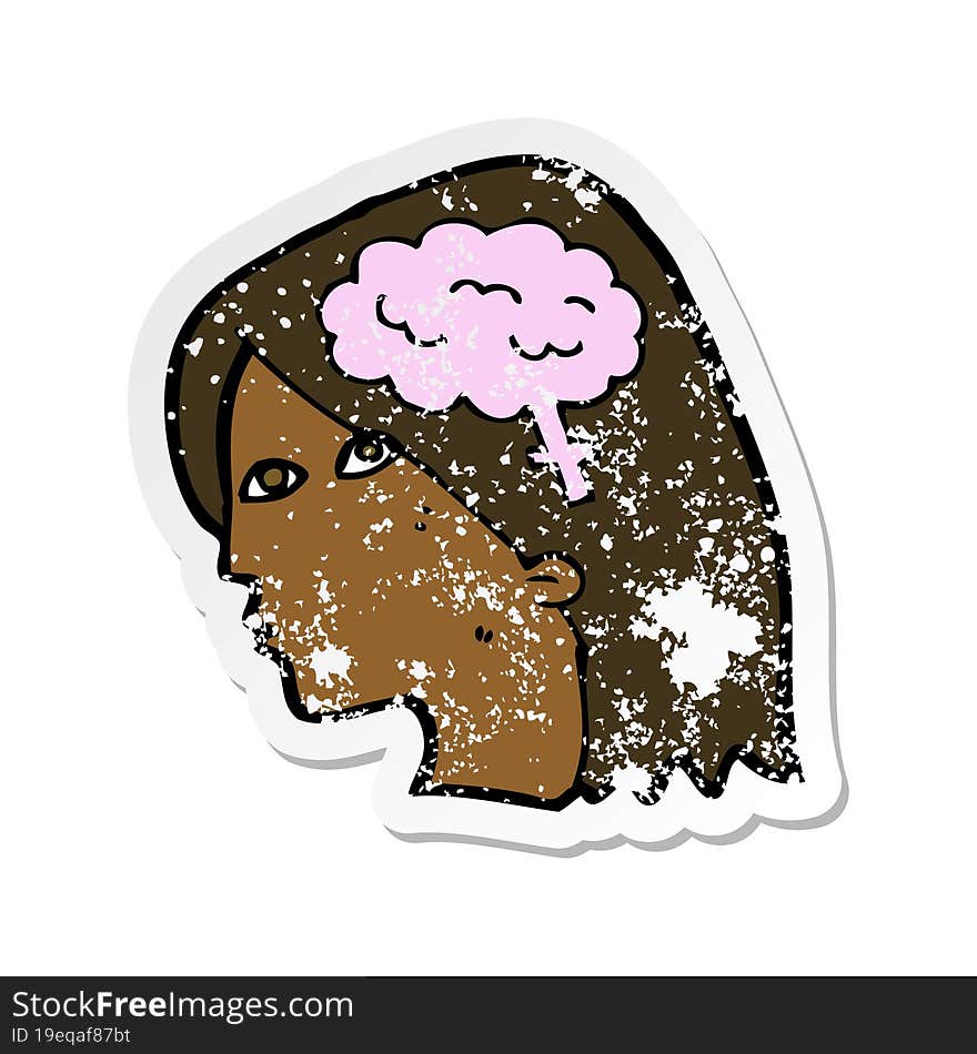 retro distressed sticker of a cartoon female head with brain symbol