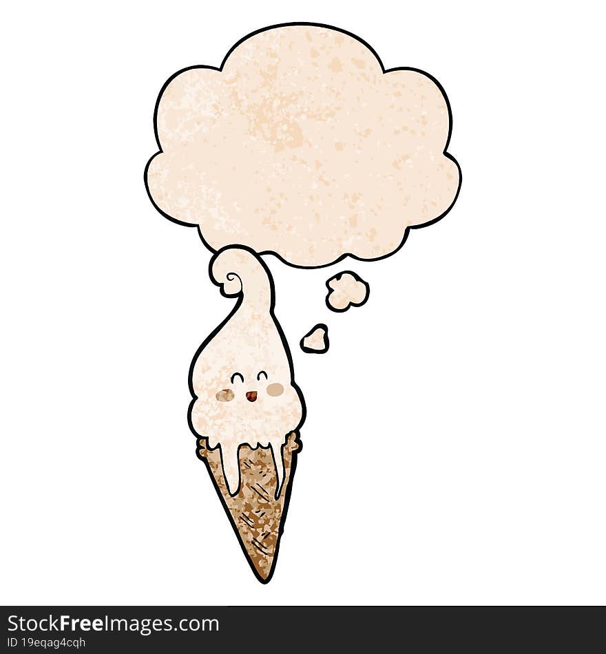 Cartoon Ice Cream And Thought Bubble In Grunge Texture Pattern Style