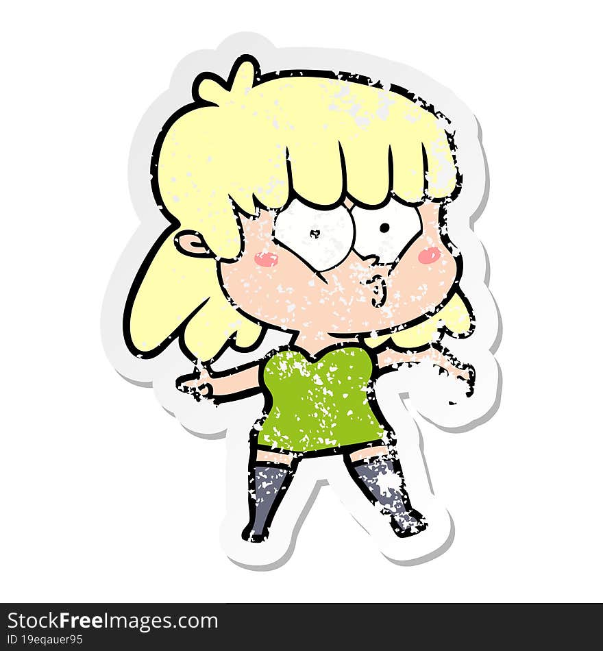 distressed sticker of a cartoon whistling girl