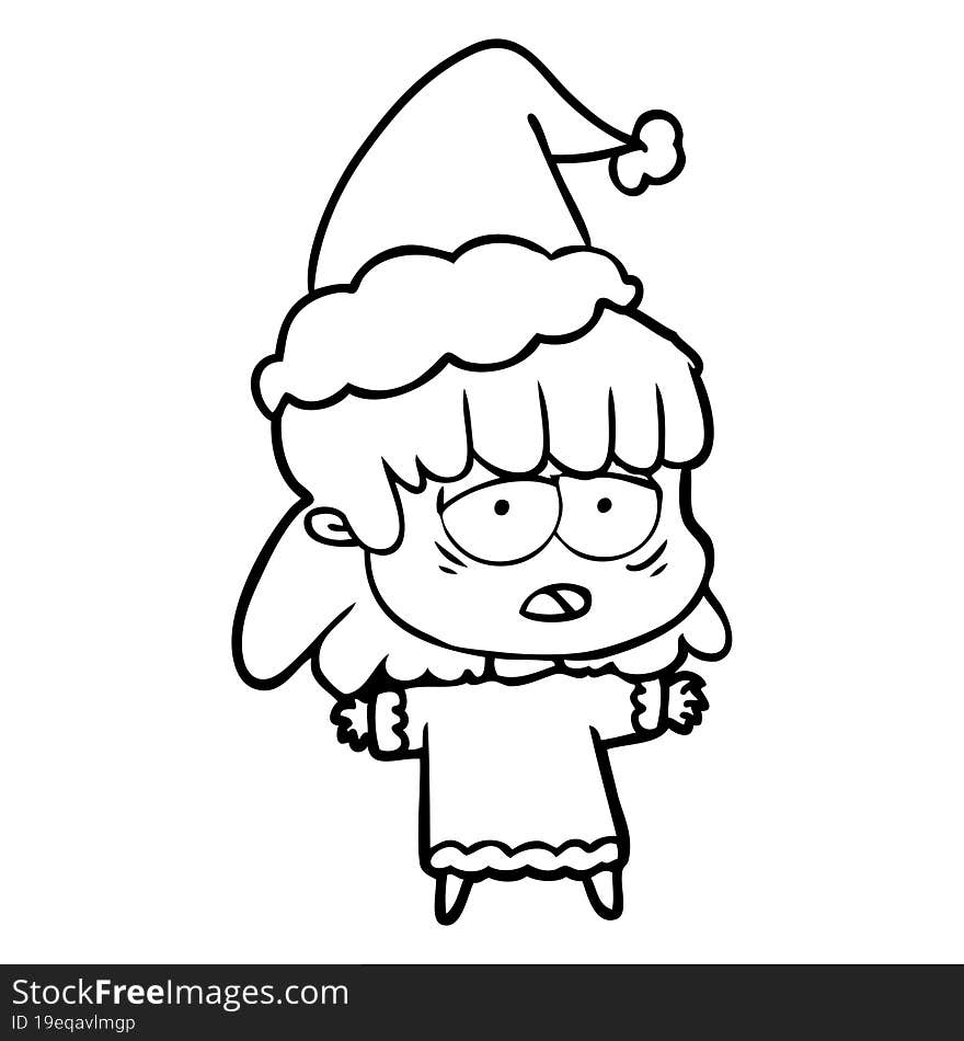 Line Drawing Of A Tired Woman Wearing Santa Hat