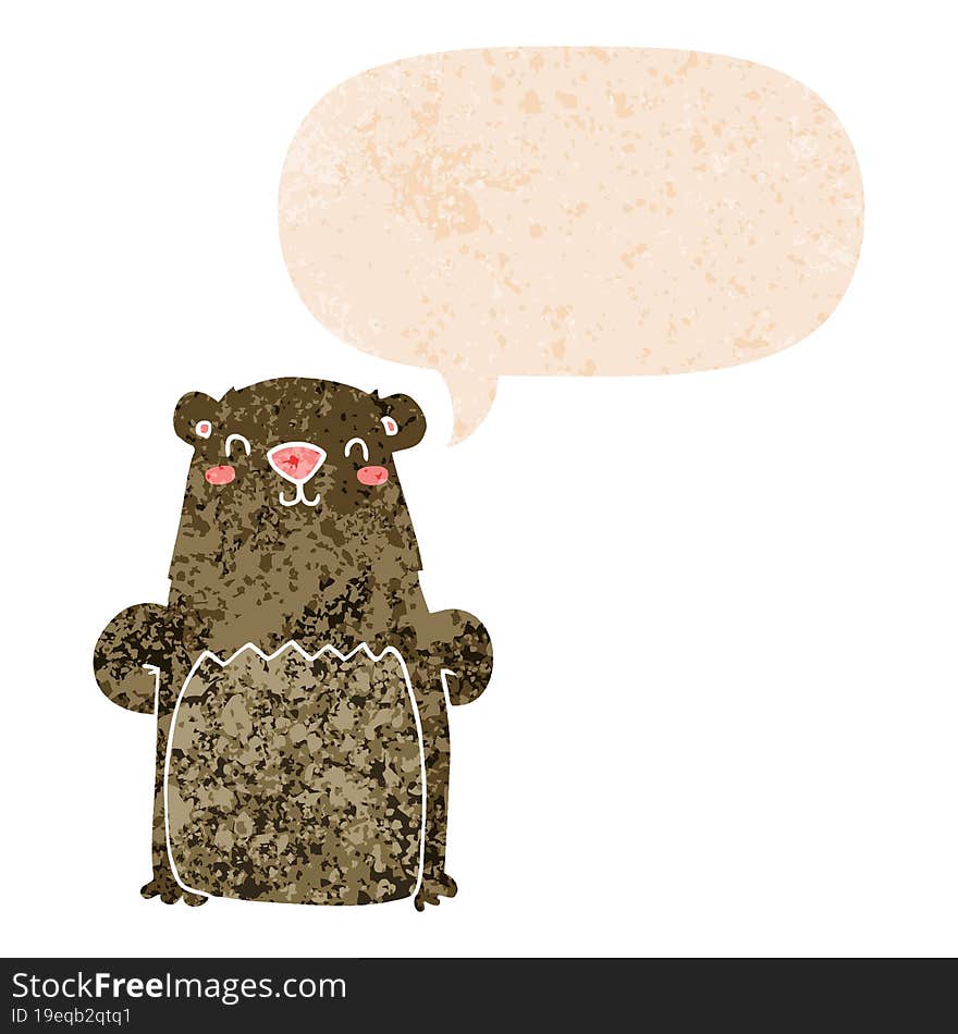 cartoon bear and speech bubble in retro textured style